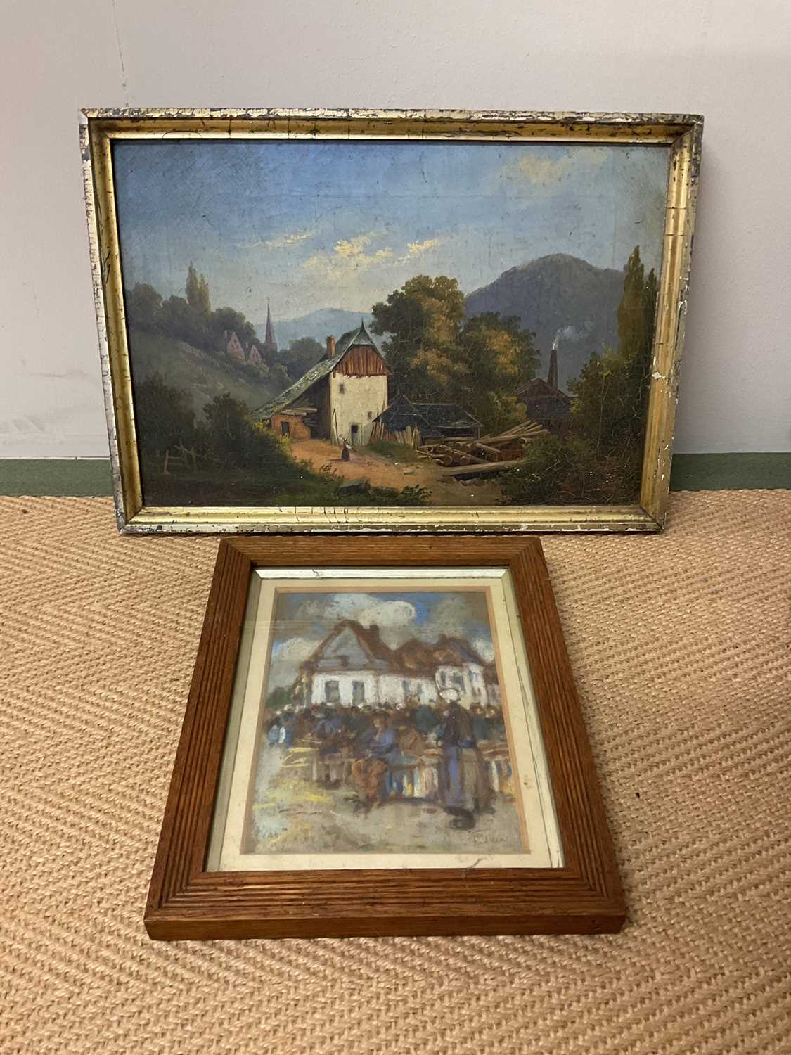 CIRCA 1900 CONTINENTAL SCHOOL; pastel, figures beside dwellings, indistinctly signed, 20.5 x 14.5cm, - Image 3 of 4