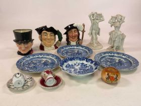 Royal Doulton and blue and white transfer wares and other ceramics, including character jugs,