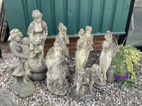 A group of classically inspired composite stone garden statuary, tallest 82cm