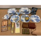 Collectors' items including blue and white pottery by Lakeland, boxes of plated ware and