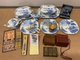 Collectors' items including blue and white pottery by Lakeland, boxes of plated ware and