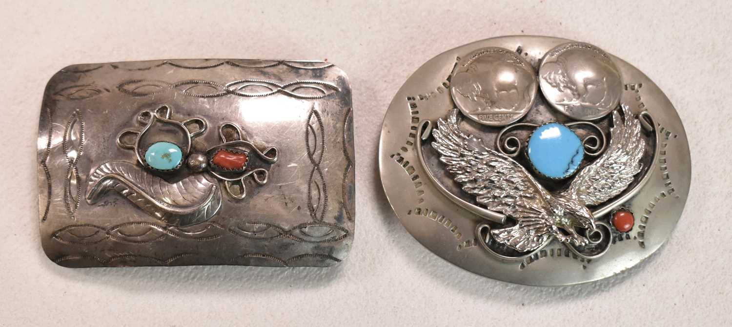 NAVAJO/NATIVE AMERICAN; three white metal belt buckles, each set with turquoise, and two modern - Image 2 of 3
