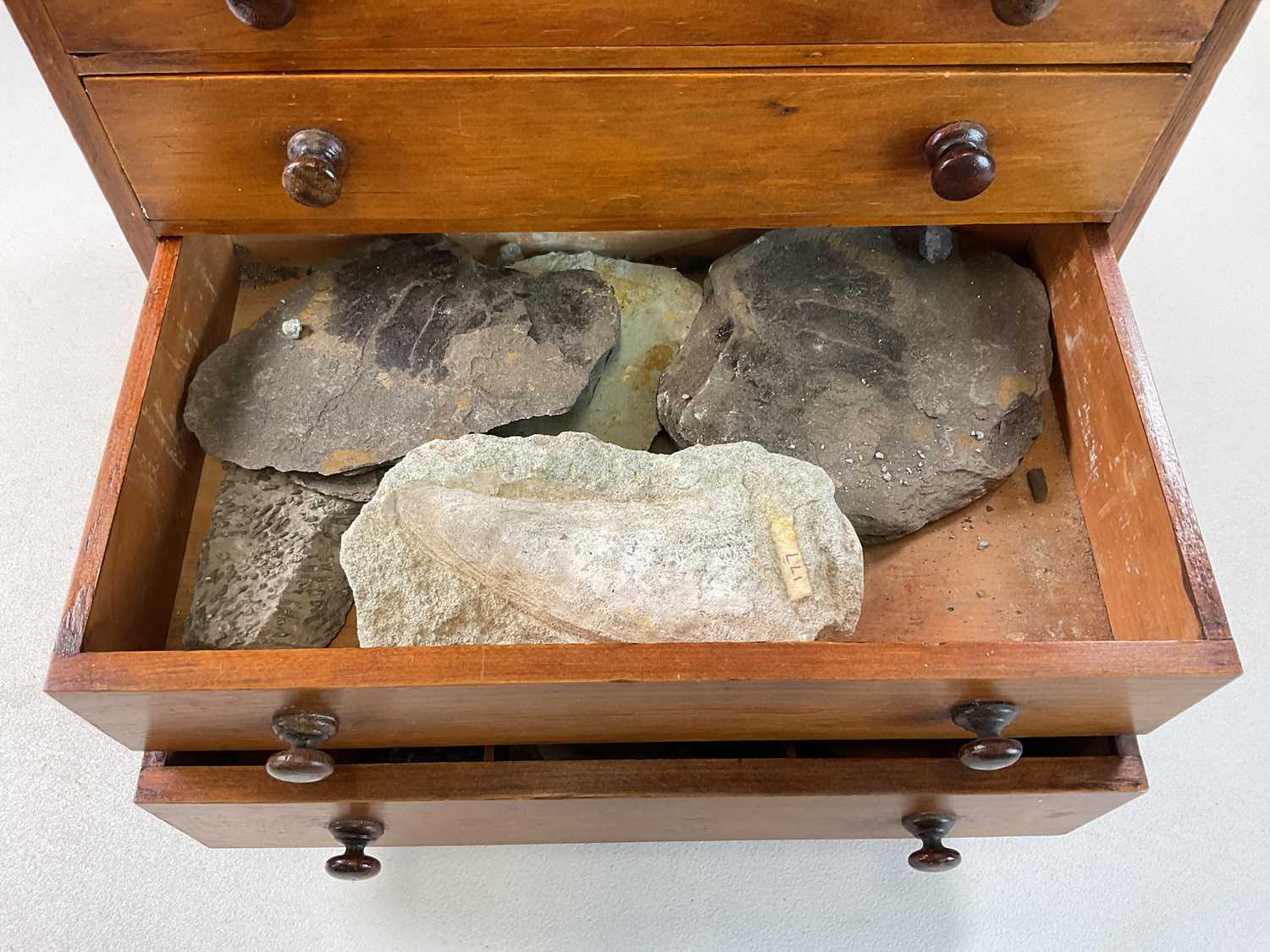 A six drawer specimen cabinet containing samples of ore and fossils, with original sales label on - Image 3 of 8