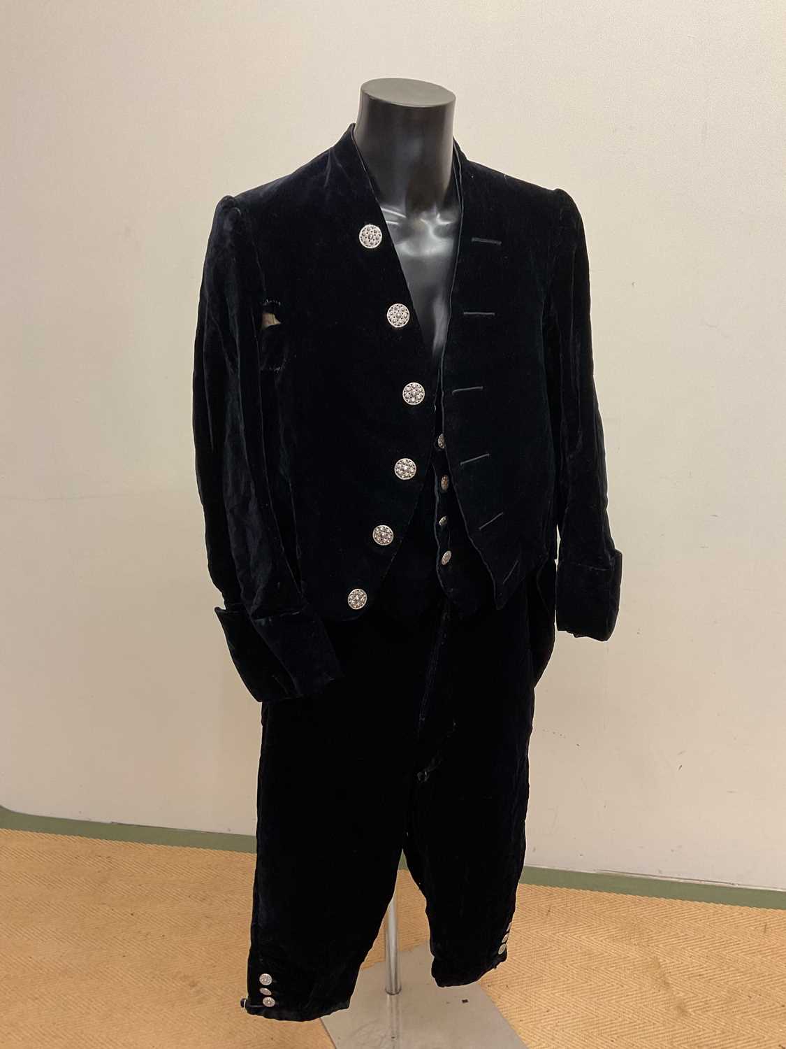 A vintage man's velvet tailcoat with waistcoat and knickerbockers, made by Robt F Gall, 13 Suffolk