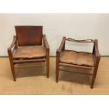 AAGE BRUNO & SON; a pair of mid 20th century Safari chairs constructed of leather and teak, height