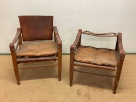 AAGE BRUNO & SON; a pair of mid 20th century Safari chairs constructed of leather and teak, height