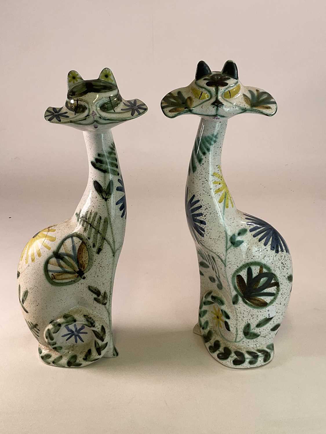 † David Sharp for Rye Cinque Ports pottery; a pair of giant pottery cats with floral decoration, - Image 2 of 6