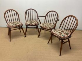 ERCOL three dark stained dining chairs and a carver with later cushions, height 80cm.