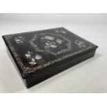 A Victorian mother of pearl inlaid black lacquered writing slope, width 32cm.