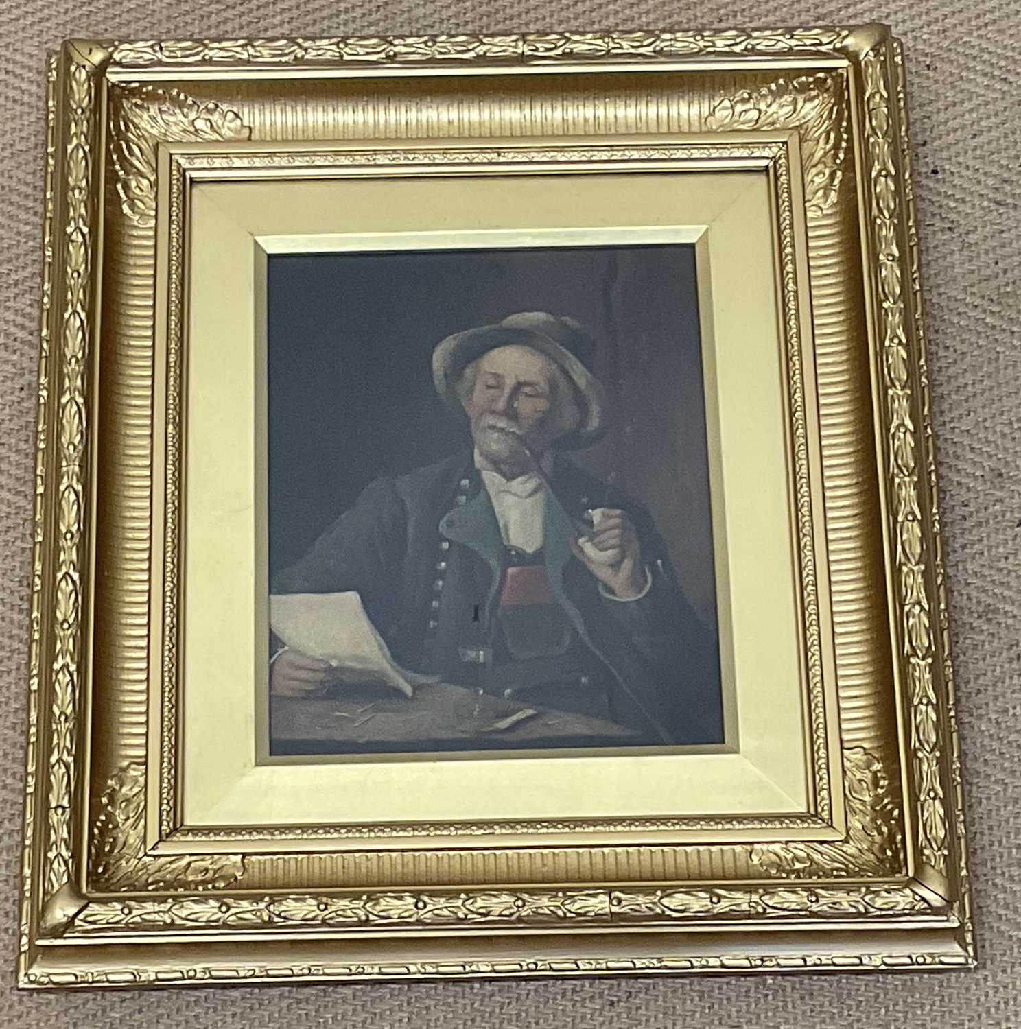 19TH CENTURY CONTINENTAL SCHOOL; oil on canvas, figure seated smoking a pipe reading a letter, - Image 2 of 4