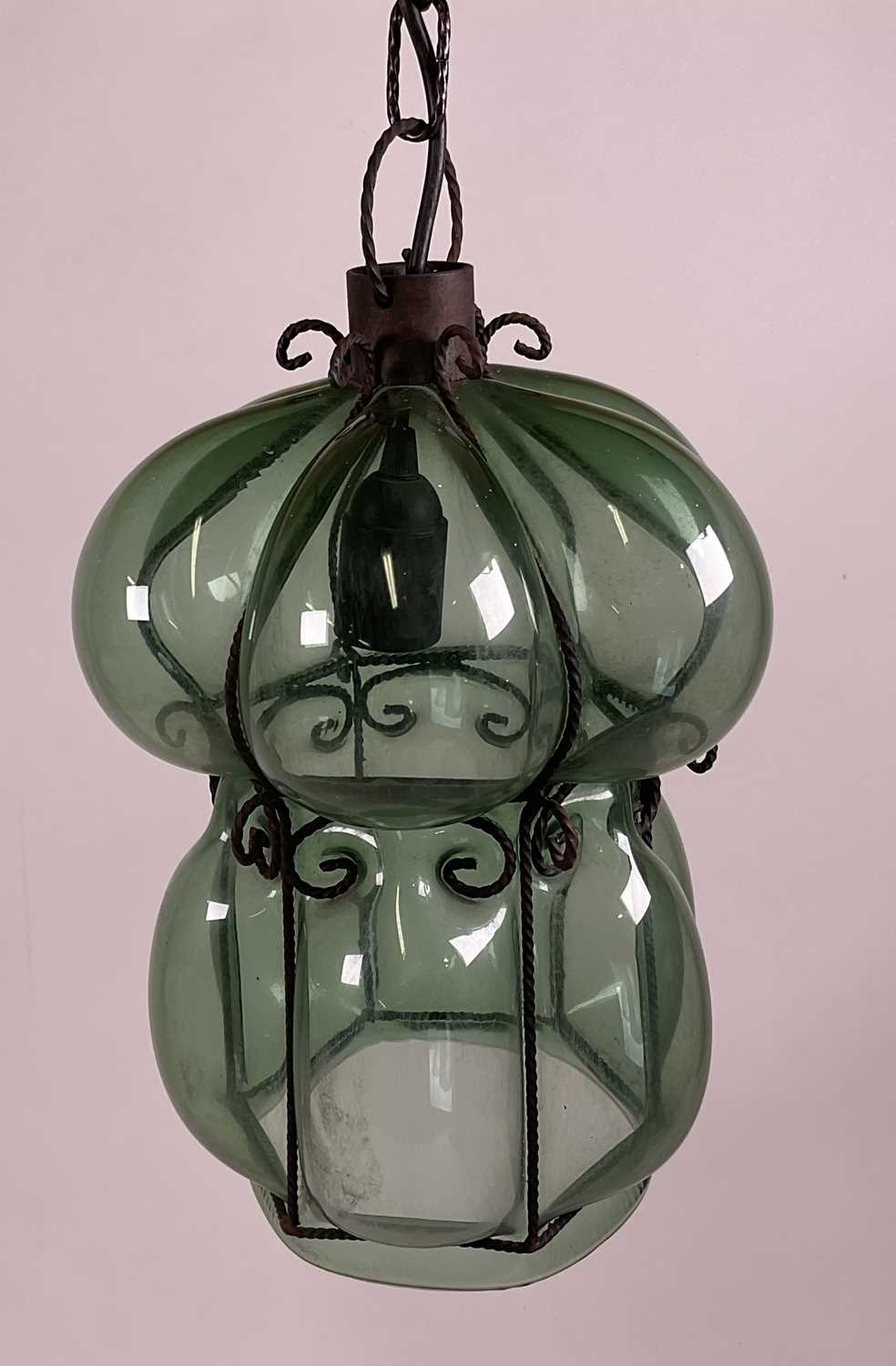 A Venetian glass, hand blown green bubble pendant light with metal framework. H: 34cm - Image 2 of 3