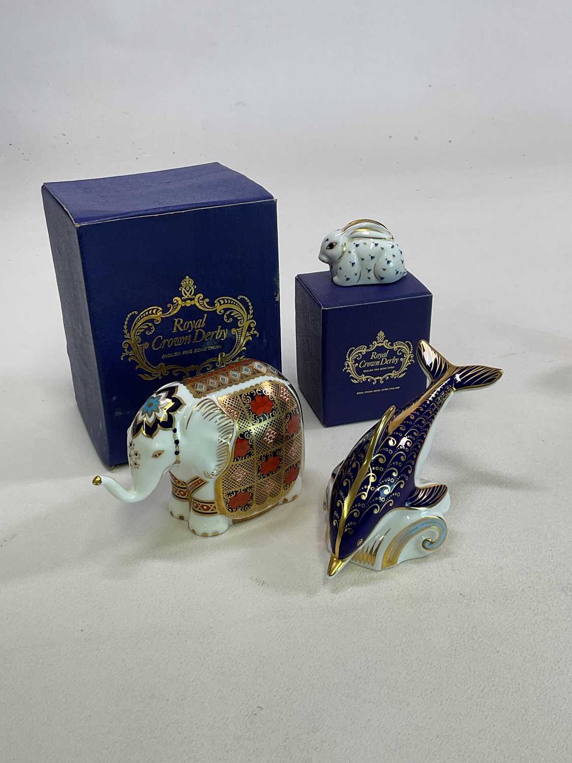 ROYAL CROWN DERBY; animal paperweights comprising an elephant (9cm), a dolphin and a rabbit, boxed - Image 2 of 8