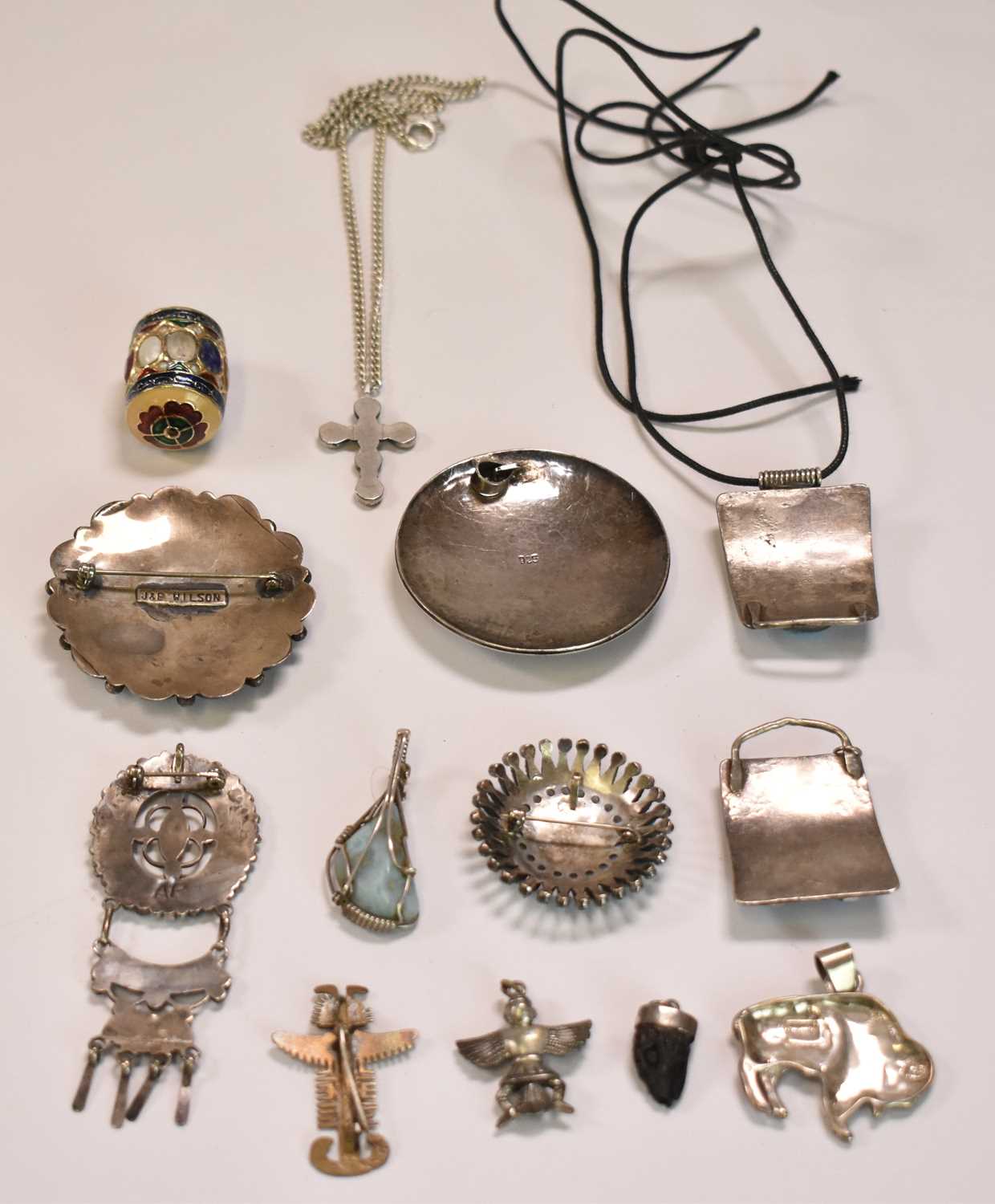 NAVAJO/NATIVE AMERICAN; a group of white metal jewellery including a floral turquoise set brooch - Image 2 of 2
