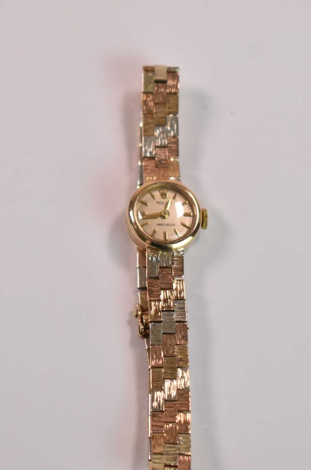 ROLEX; a lady's 9ct yellow gold wristwatch with tricolour bracelet and engraved inscription to - Image 2 of 5
