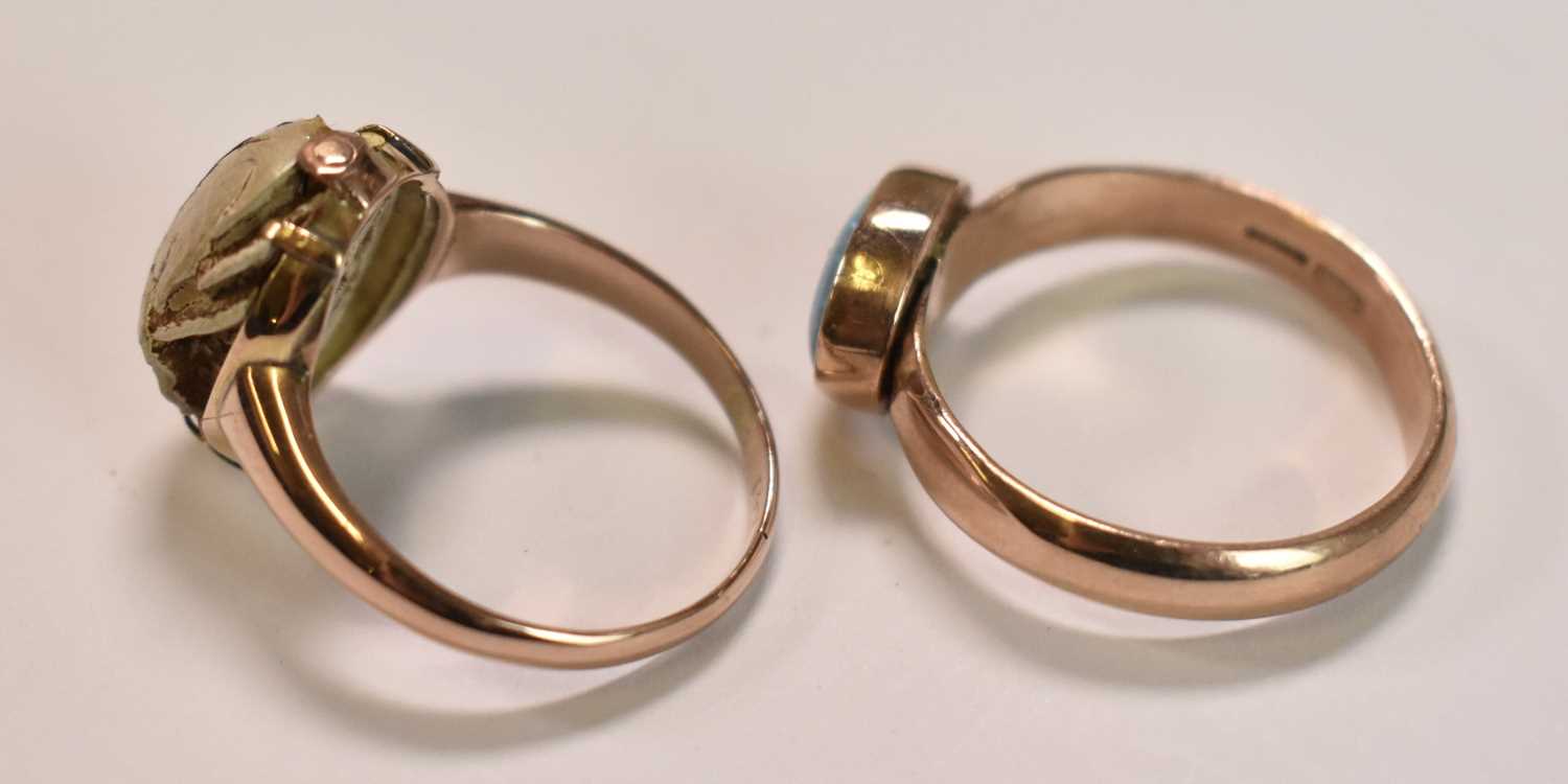 A 9ct yellow gold and opal dress ring, size S 1/2, and a further 9ct gold ring set with a scarab, - Image 2 of 3