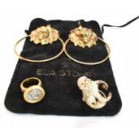 ELA STONE OF PARIS; a pair of costume jewellery large hoop earrings set with a lion's head, length