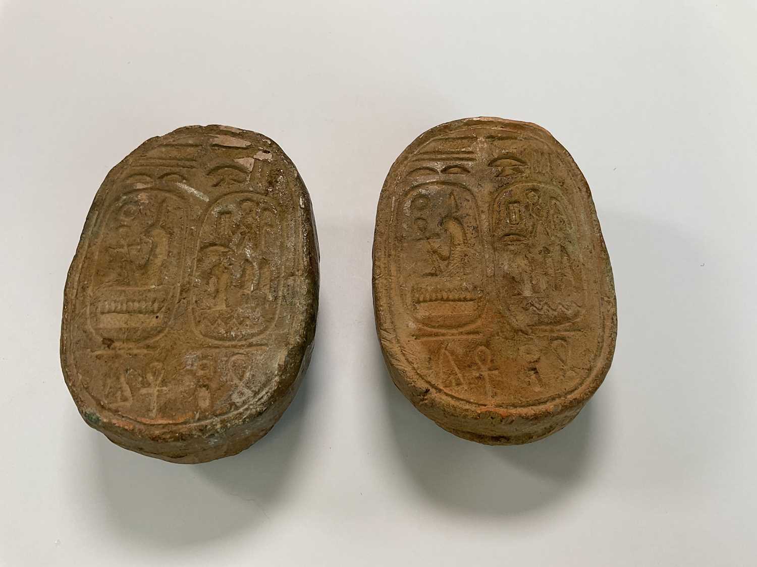 Two large carved stone scarabs with hieroglyphs to their bases, length 9cm. - Image 4 of 4