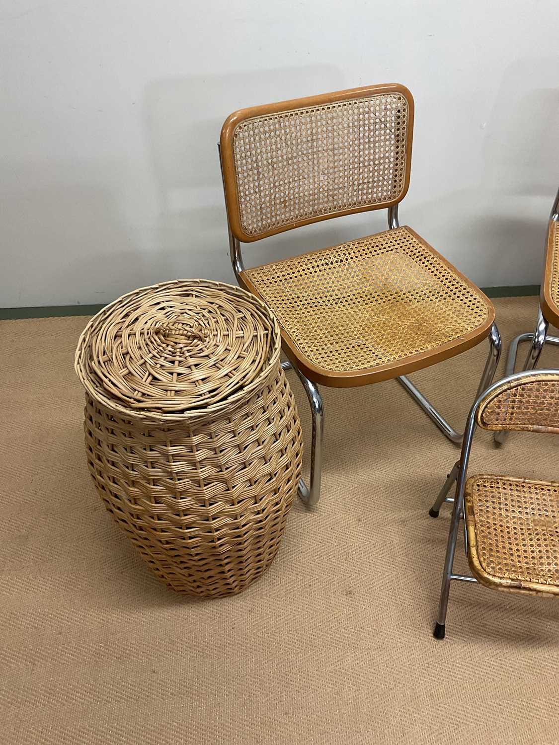 Pair of chrome and rattan chairs, a child's folding rattan chair and various wicker items. - Image 2 of 7