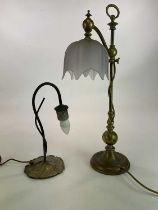 Two decorative brass table lamps, one adjustable with a frosted glass shade and the other with a