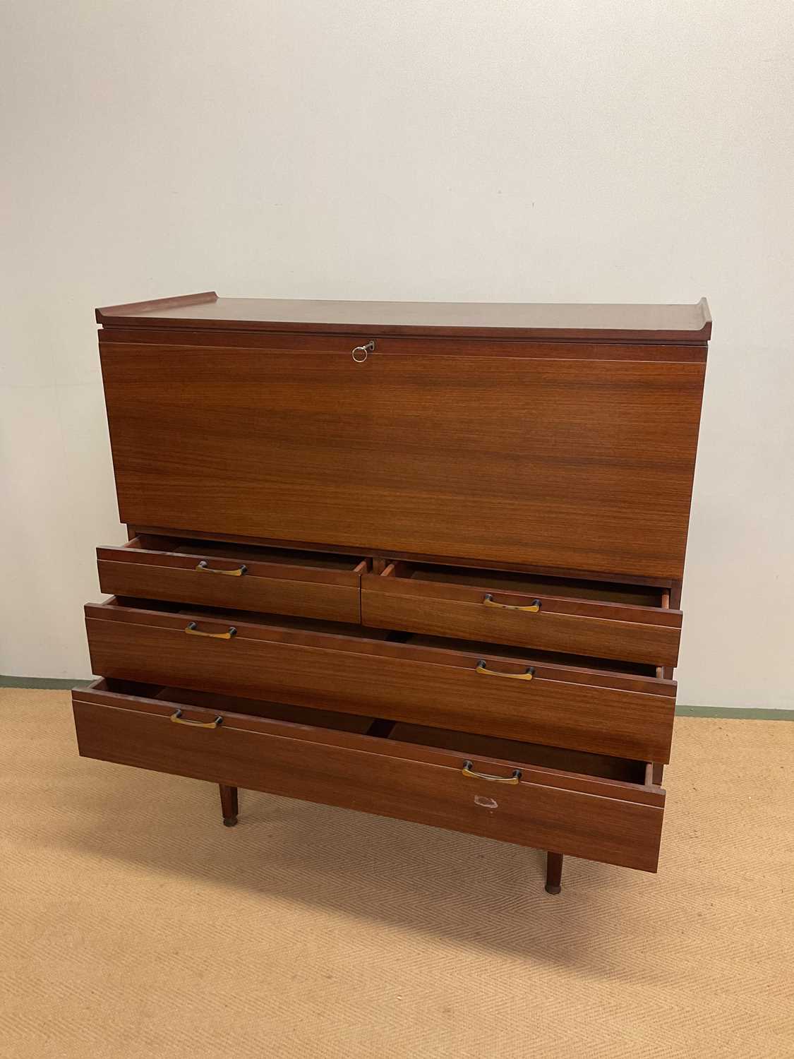 A mid 20th century drop front bureau desk over four drawers, height 112cm, width 110cm, depth 45cm. - Image 2 of 3