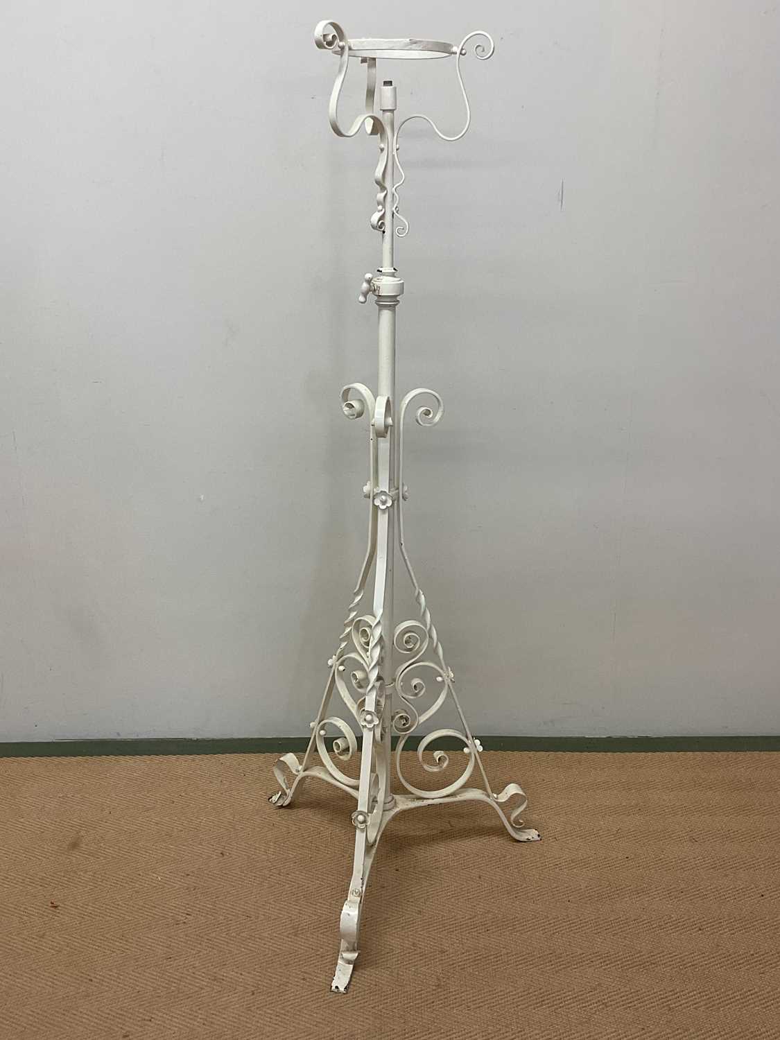 An adjustable painted wrought iron floor lamp, height 134cm in lowest position, and a brass umbrella - Image 3 of 3