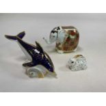 ROYAL CROWN DERBY; animal paperweights comprising an elephant (9cm), a dolphin and a rabbit, boxed