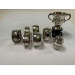 A group of small silver including a pair of Victorian hallmarked silver napkin rings, Sheffield