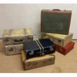 Vintage suitcases including a blue Airport lightweight luggage case, and others, largest 71 x 43 x