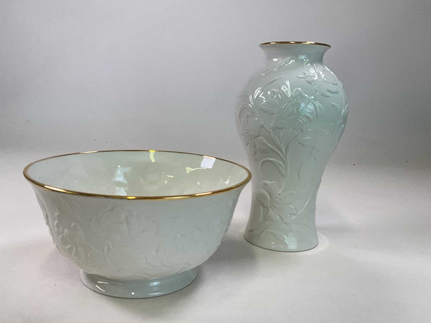 WATERFORD CERAMICS; a white Lotus Vase and bowl with gilded rims and printed mark to base, vase