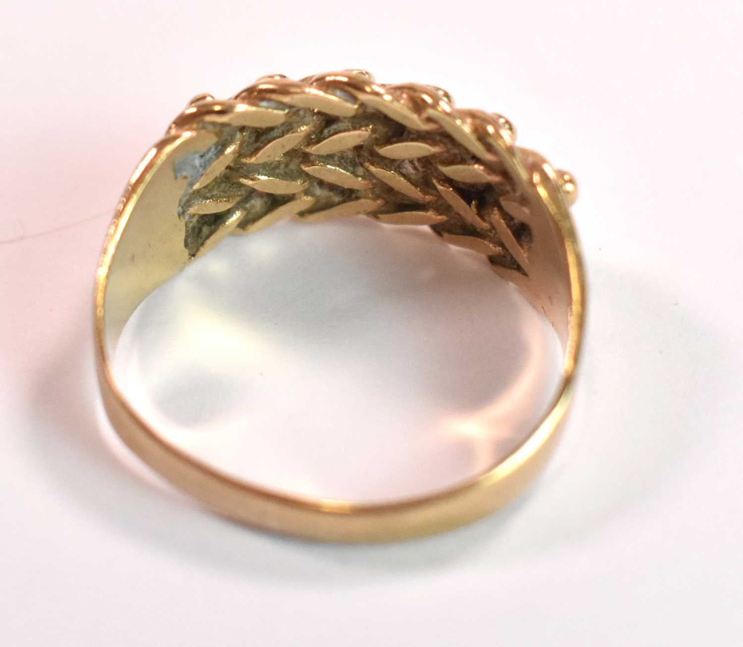 A 9ct yellow gold broad textured ring, size T 1/2, and a 9ct yellow gold signet ring (shank - Image 3 of 5