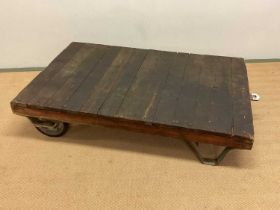 A mid 20th century station porter's luggage trolley/dolly with plank top, 120 x 80cm.