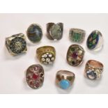 NAVAJO/NATIVE AMERICAN & POSSIBLY SOUTH AMERICAN; ten large unusual rings, one set with polished