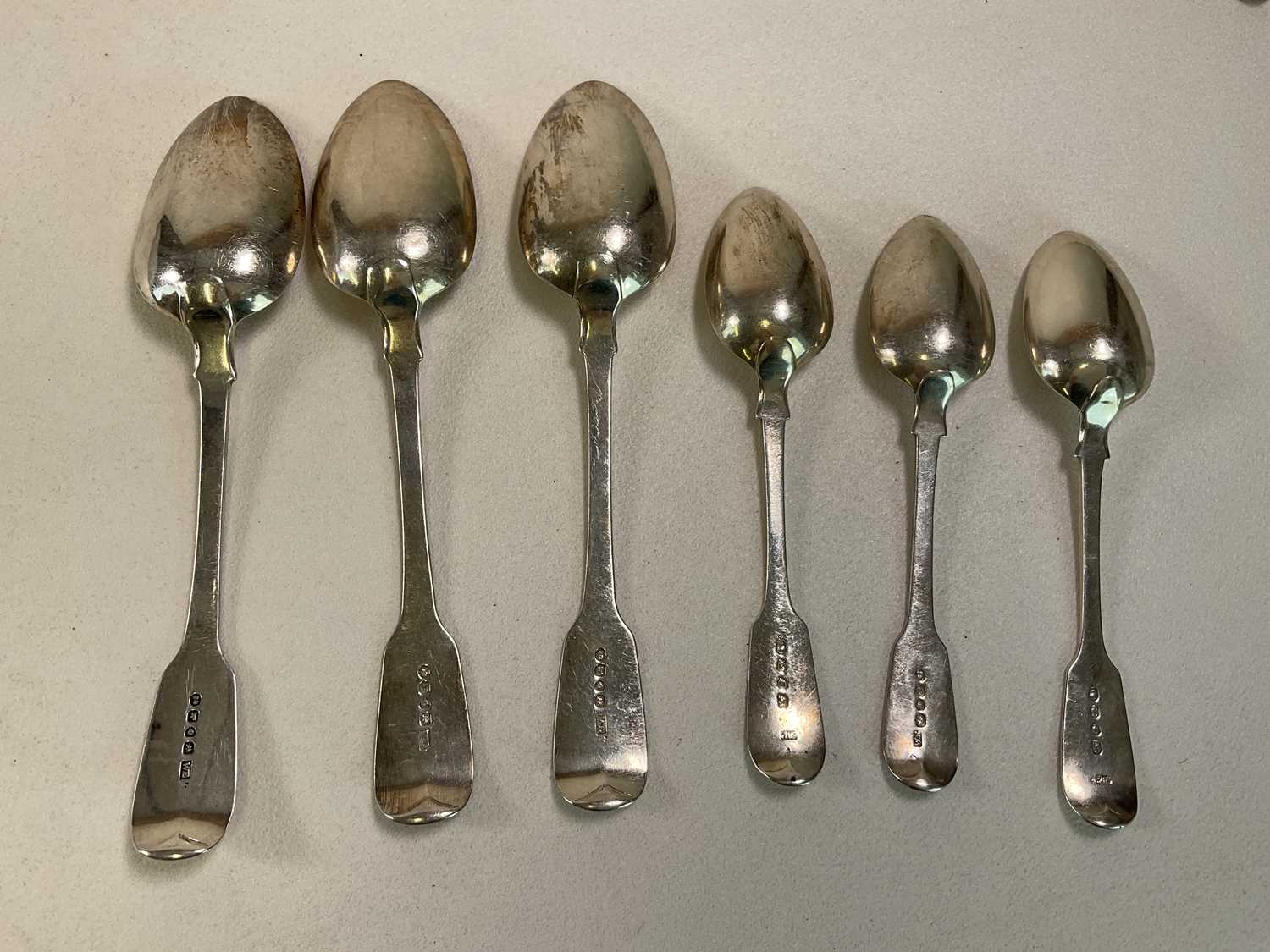 WILLIAM ELEY; a set of three George IV hallmarked silver fiddle pattern tablespoons, a matched set - Image 12 of 12