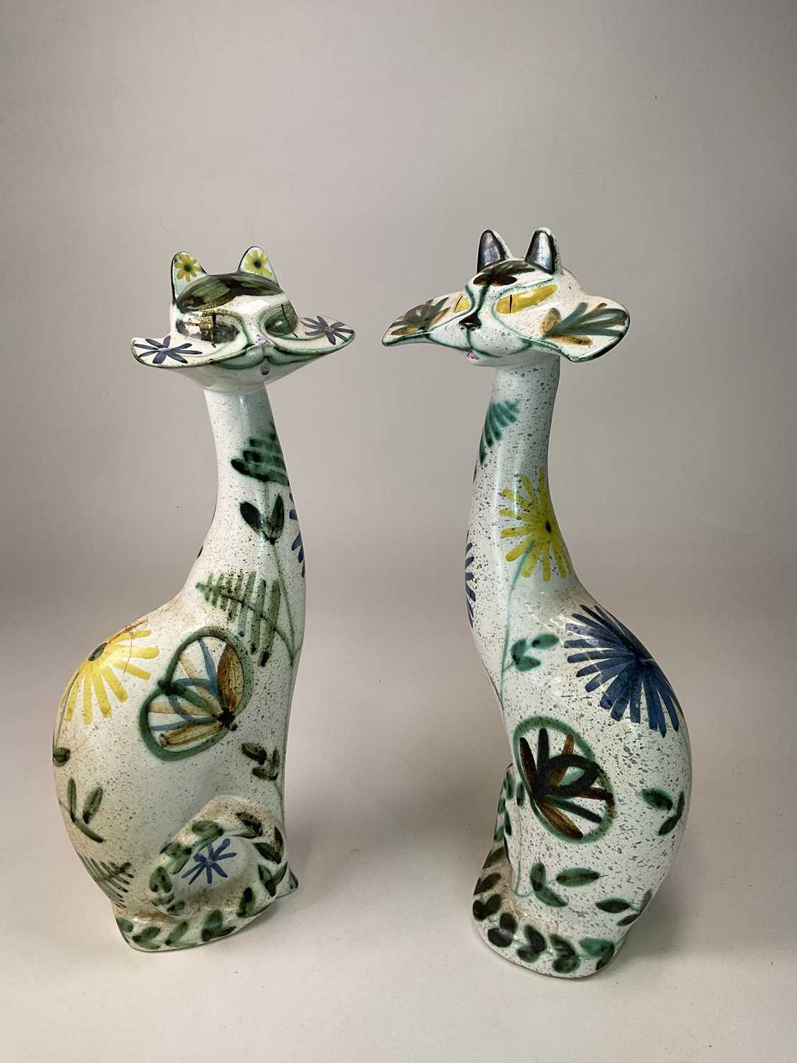 † David Sharp for Rye Cinque Ports pottery; a pair of giant pottery cats with floral decoration, - Image 3 of 6