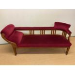 A single scroll arm chaise lounge, height 78cm, width 170cm, depth 60cm.