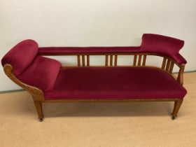 A single scroll arm chaise lounge, height 78cm, width 170cm, depth 60cm.