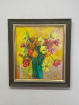 † MARTIN DUTTON; oil on board, 'Tulips', signed, further signed, titled and with artist's address