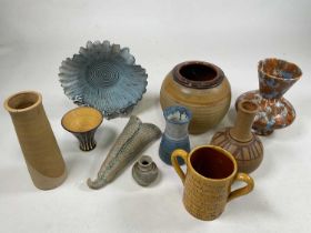 Ten items of various studio ceramic, including pots and vases.