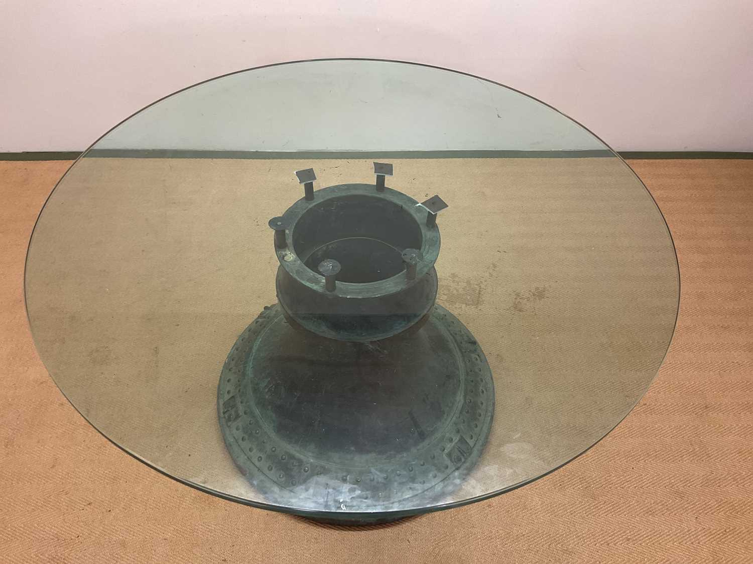 A dining/centre table incorporating the top section of a whisky still, with circular glass top, - Image 4 of 4