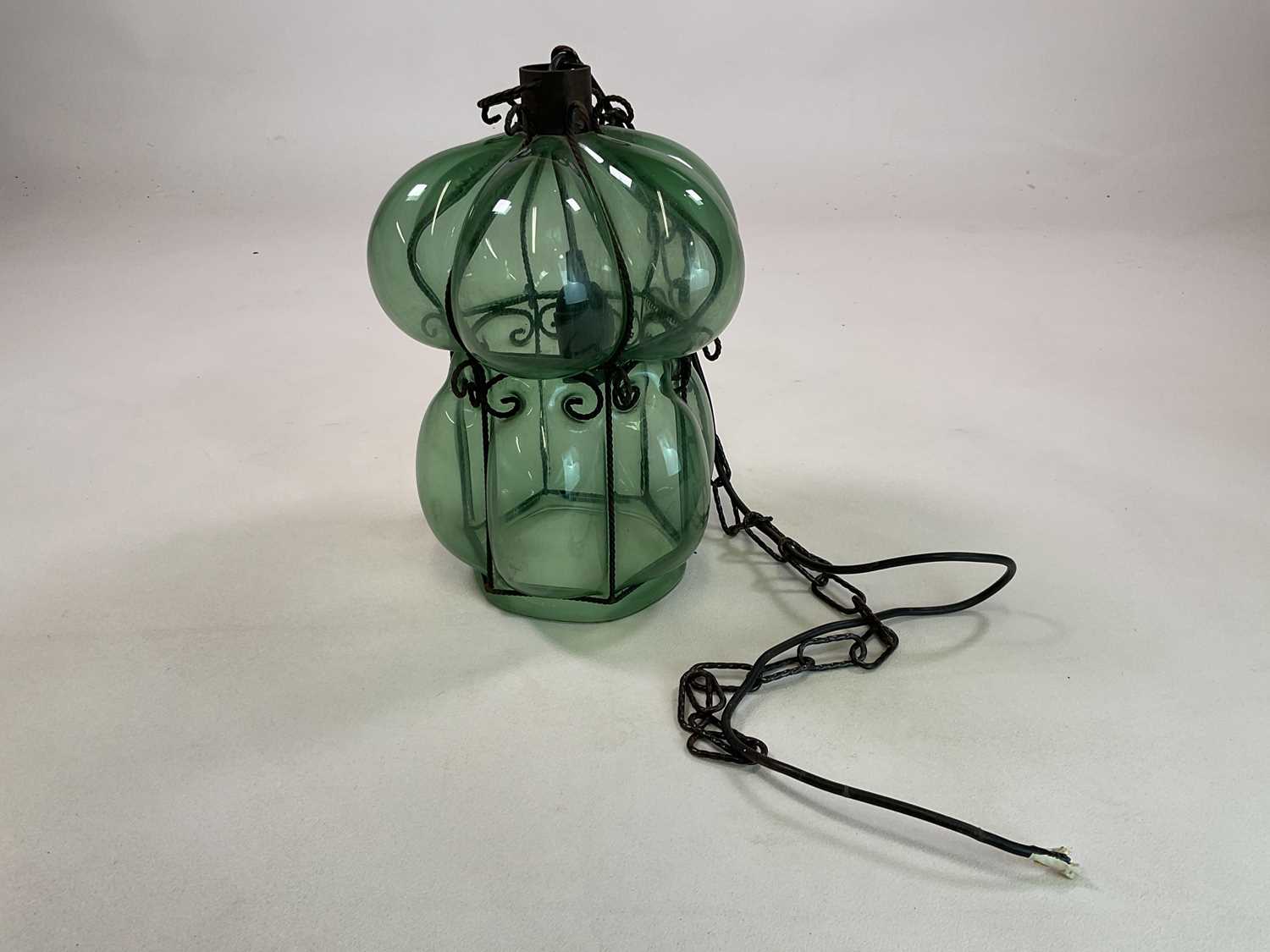 A Venetian glass, hand blown green bubble pendant light with metal framework. H: 34cm - Image 3 of 3