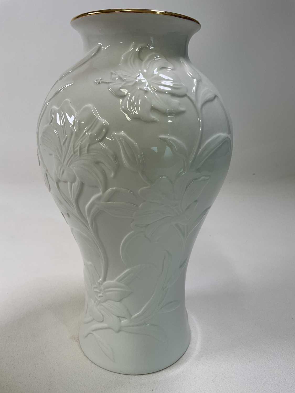 WATERFORD CERAMICS; a white Lotus Vase and bowl with gilded rims and printed mark to base, vase - Image 3 of 4