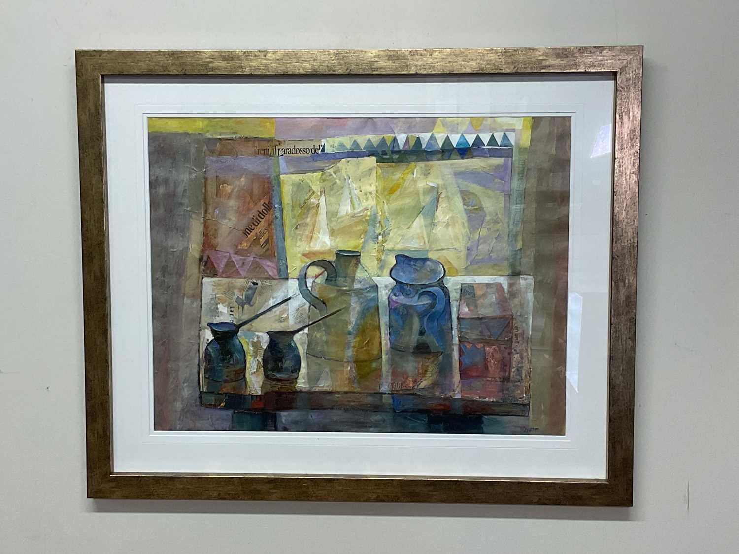† MARTIN DUTTON; collage and mixed media, still life study, signed, 52 x 68cm, framed and glazed.