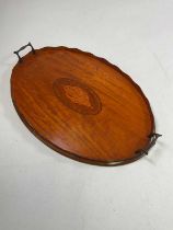 An Edwardian satinwood twin handled tray with gallery, brass handles and central conch shell detail,
