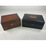 A leather covered jewellery box with tray to interior, 15 x 36 x 25cm, with key, and a wooden travel