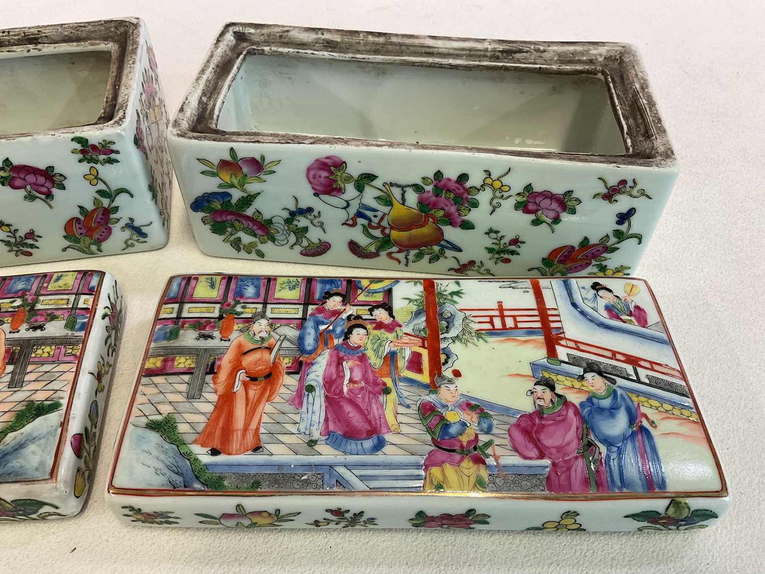 A Canton Famille Rose pair of boxes 20 x 9 x 9.5cm, also a Chinese scroll, 160 x 44cm and - Image 8 of 15