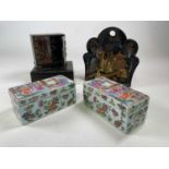 A Canton Famille Rose pair of boxes 20 x 9 x 9.5cm, also a Chinese scroll, 160 x 44cm and