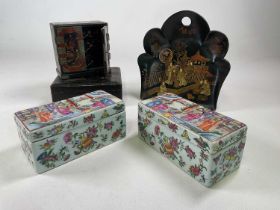 A Canton Famille Rose pair of boxes 20 x 9 x 9.5cm, also a Chinese scroll, 160 x 44cm and