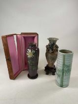 A Japanese cloisonné vase in wooden case by the Ando company, vase height 31cm, a Japanese ceramic