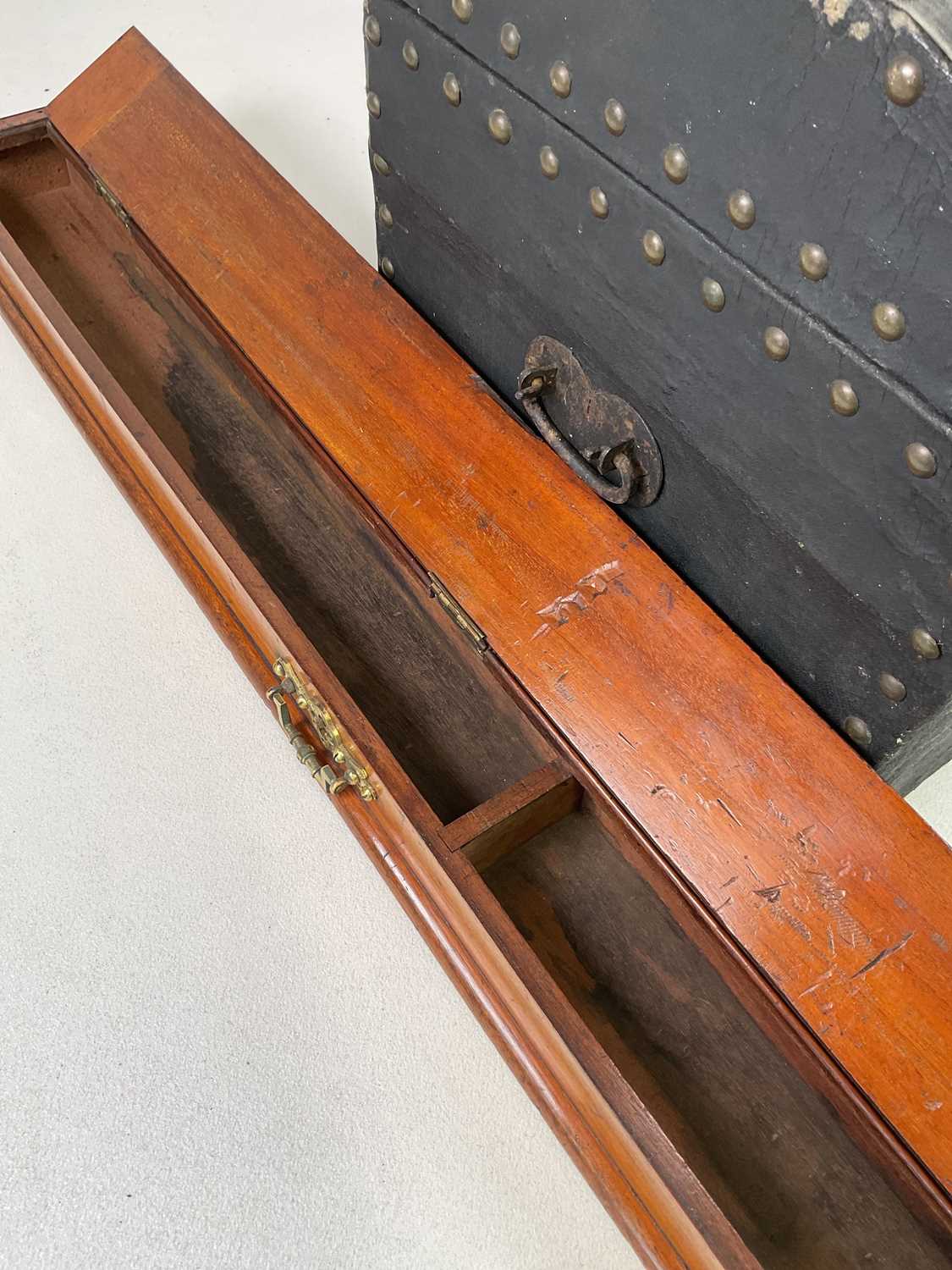 A mahogany desk top tidy, 6 x 87 x 9cm, and small black trunk with studs, 30 x 40 x 32cm. - Image 5 of 5