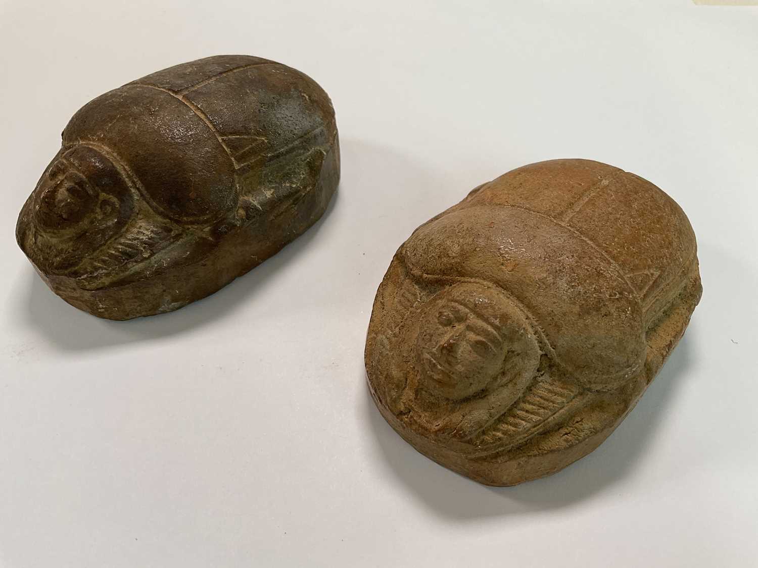 Two large carved stone scarabs with hieroglyphs to their bases, length 9cm. - Image 2 of 4